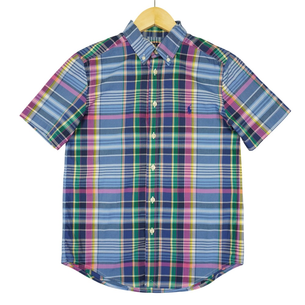 Polo Ralph Lauren Button Down Boys M (10-12) Blue Multi Plaid Natural Stretch